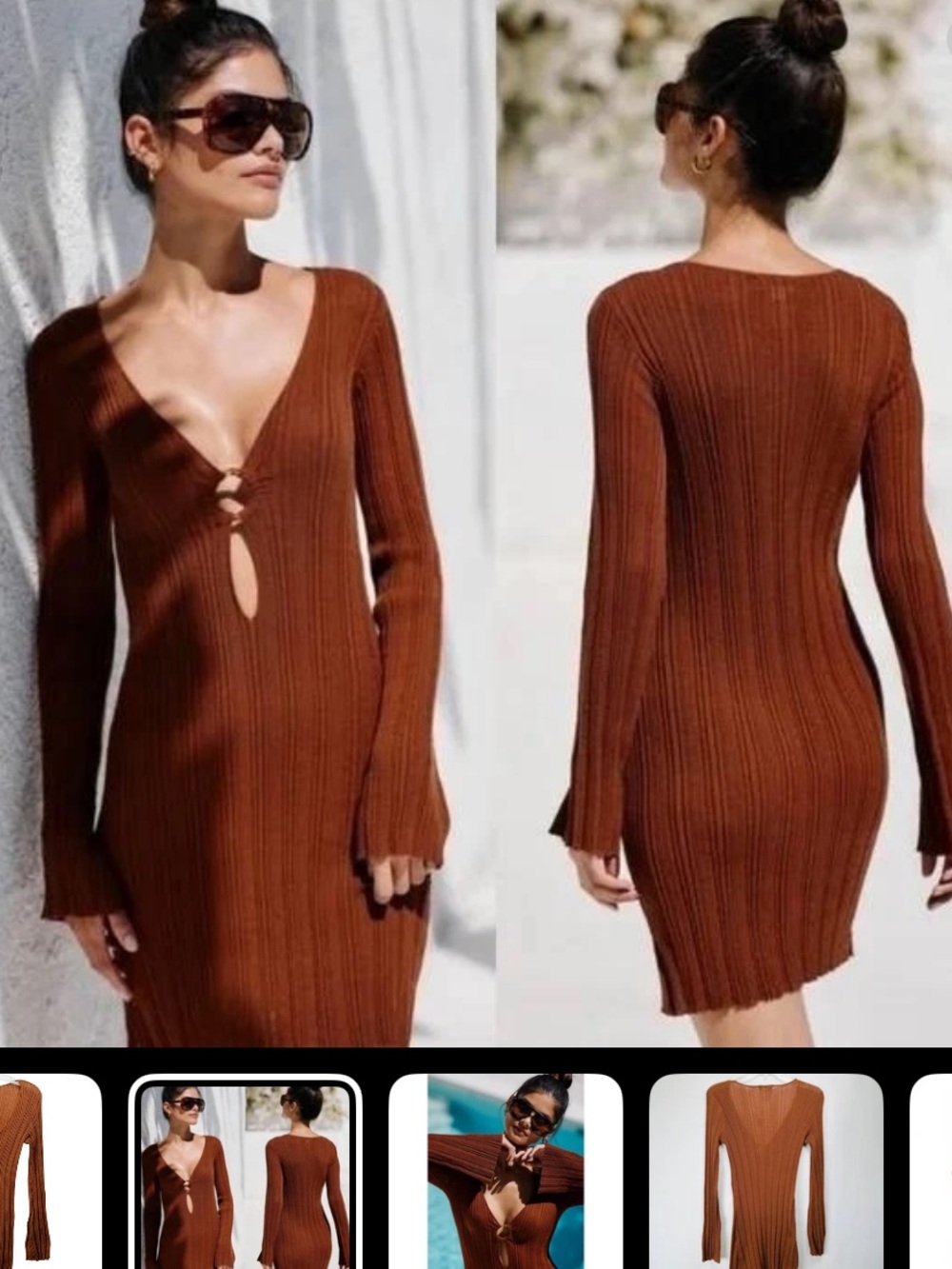l*space wailea Rust Brown Ribbed Long-Sleeve Knit Dress cover up w